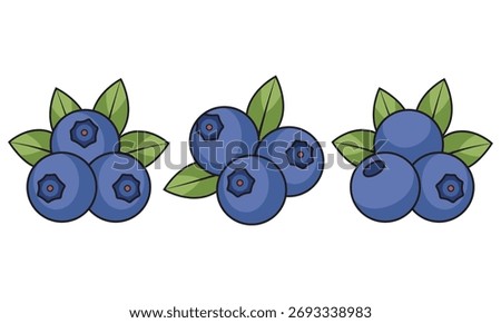 A fresh and fun set of three blueberry vector illustrations. This collection features small clusters of ripe, blue berries with green leaves, all in a clean cartoon style with bold black outline.