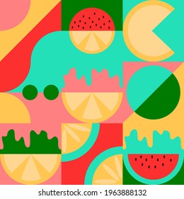 Fresh and Fun Summer Background. Decorated with kind of fruits such as lemon, watermelon, guava, strawberry, burst of juices. Suitable for Summer Edition Drink Product Design