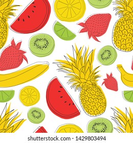 Fresh and Fun summer fruit. Vector fruit  on a white background. Color on the hand drawn images of fruit creates a more abstract look. This seamless pattern is perfect for fabrics, notebooks, 