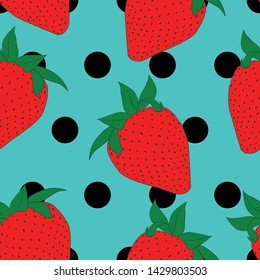 Fresh and Fun summer fruit. Vector blue background with red strawberries and polka dot seamless pattern. Perfect for fabrics, notebooks, scrapbooking, wallpaper, giftwrap and so much more. 
