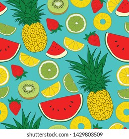Fresh and Fun summer fruit. Vector blue and colored fruit seamless pattern. Perfect for fabrics, notebooks, scrapbooking, wallpaper, gift wrap and so much more. 