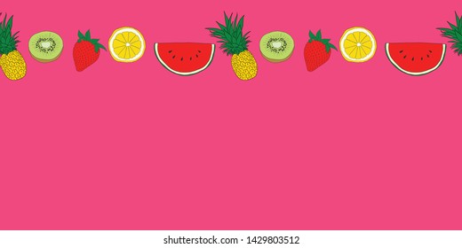 Fresh and Fun summer fruit. Vector colored fruit on a pink background seamless border. Perfect for notebooks, scrapbooking, washi tape and so much more. 