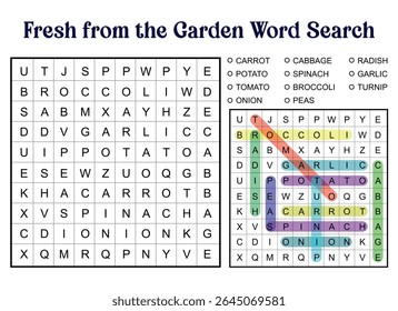 Fresh from the Garden word search puzzle with vegetables. Educational game for children with highlighted answers.
