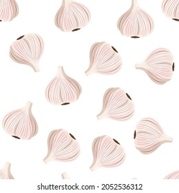 Fresh garlic background. Seamless realistic vector pattern.