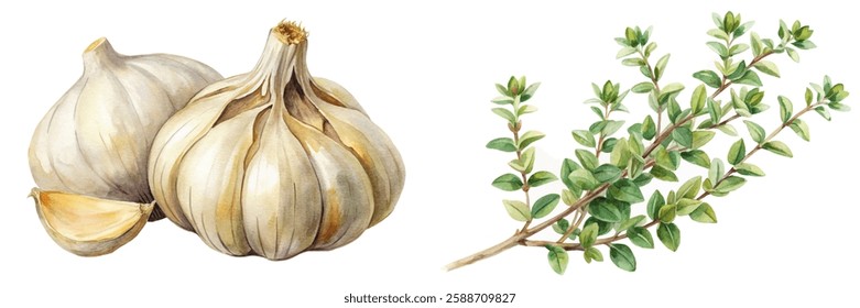 Fresh garlic bulbs, aromatic thyme sprigs, watercolor illustration, culinary herbs, natural ingredients, healthy cooking.