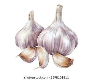 Fresh garlic bulbs with purple streaks, perfect for adding flavor to your dishes. This high quality image captures the natural beauty and texture of garlic, making it ideal for culinary blogs, recipes