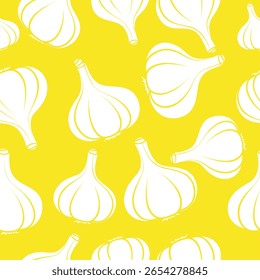 Bolbos de alho fresco espalhados por um fundo amarelo vibrante com um estilo caprichoso simples