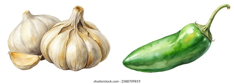 Fresh garlic bulbs, vibrant jalapeno pepper, watercolor illustration, organic produce, culinary ingredients, healthy cooking.