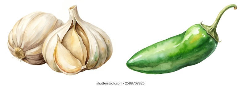 Fresh garlic bulbs, vibrant jalapeno pepper, watercolor illustration, organic vegetables, culinary ingredients, healthy cooking.