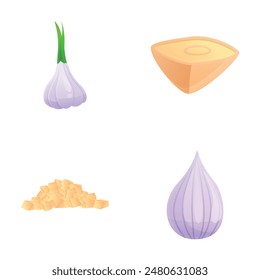 Fresh garlic icons set cartoon vector. Whole and chopped garlic. Farm vegetable