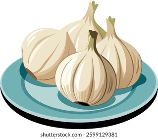 Fresh garlic   in  the plate  vector art  illustration
