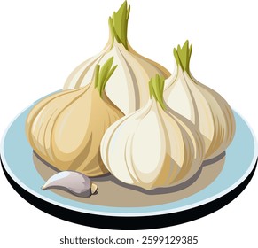 Fresh garlic   in  the plate  vector art  illustration
