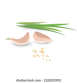 Fresh garlic and small sliced ​​garlic on a white background.