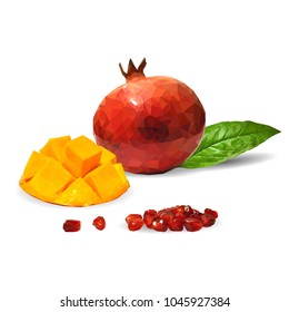 Fresh garnet, nutritious and tasty mango. Symbols of fruits. Elements for label design. Vector illustration. Fruits ingredients in triangulation technique. Mango and garnet low poly.
