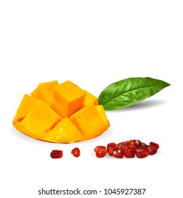 Fresh garnet, nutritious and tasty mango. Symbols of fruits. Elements for label design. Vector illustration. Fruits ingredients in triangulation technique. Mango and garnet low poly.