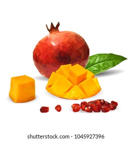 Fresh garnet, nutritious and tasty mango. Symbols of fruits. Elements for label design. Vector illustration. Fruits ingredients in triangulation technique. Mango and garnet low poly.