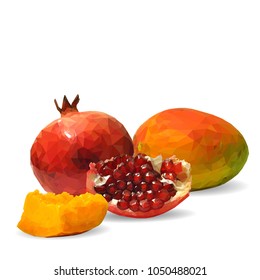 Fresh garnet, nutritious and tasty mango. Symbols of fruits. Elements for label design. Vector illustration. Fruits ingredients in triangulation technique. Mango and garnet low poly.