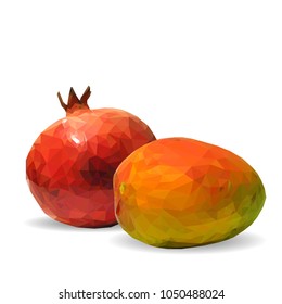 Fresh garnet, nutritious and tasty mango. Symbols of fruits. Elements for label design. Vector illustration. Fruits ingredients in triangulation technique. Mango and garnet low poly.