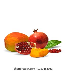 Fresh garnet, nutritious and tasty mango. Symbols of fruits. Elements for label design. Vector illustration. Fruits ingredients in triangulation technique. Mango and garnet low poly.
