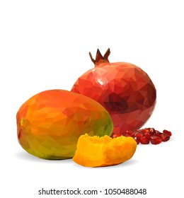Fresh garnet, nutritious and tasty mango. Symbols of fruits. Elements for label design. Vector illustration. Fruits ingredients in triangulation technique. Mango and garnet low poly.