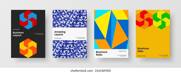 Fresh geometric hexagons annual report layout set. Vivid journal cover A4 design vector template collection.