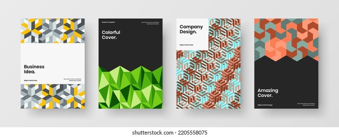 Fresh geometric pattern corporate cover layout bundle. Colorful annual report vector design concept collection.