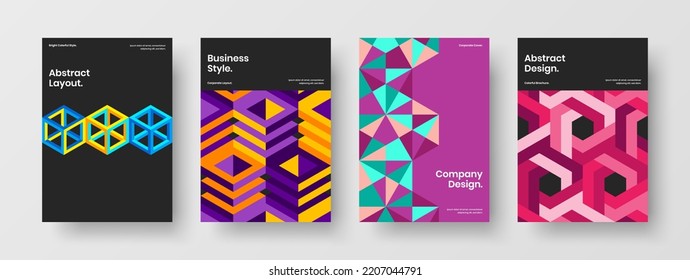 Fresh geometric pattern magazine cover concept composition. Bright company identity A4 vector design layout bundle.