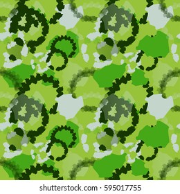 Fresh geometric seamless pattern with abstract unusual shapes. Random spots, splash paints on green background. Texture for camouflage, disguise fabric.