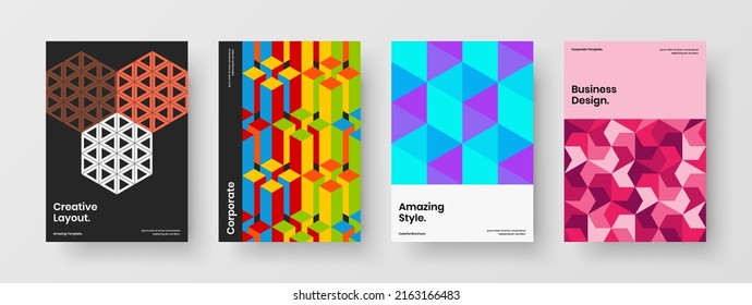 Fresh geometric shapes pamphlet concept bundle. Trendy magazine cover design vector template composition.