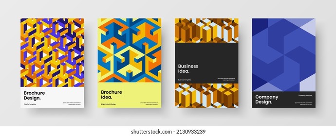 Fresh geometric tiles magazine cover concept bundle. Modern corporate identity A4 vector design layout set.