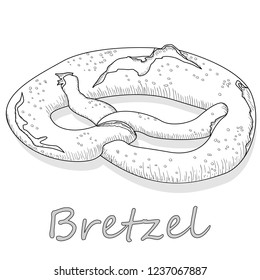 Fresh German pretzel (Bretzel) with salt and shadows on white background. Vector illustration. Monochrome.
