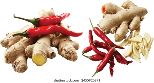 fresh ginger chilli prepare for cook on white background.