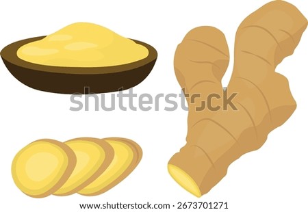 A fresh ginger root, sliced pieces, and ground ginger in a bowl. Perfect vector for culinary and natural remedy projects. Ideal for food, spice, and herbal uses. Ginger isolated on white background.