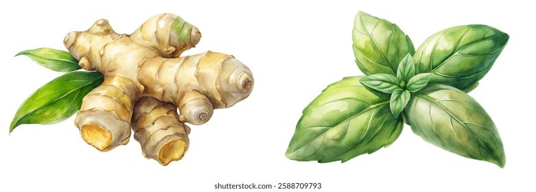 Fresh ginger root, vibrant basil leaves, botanical illustration, watercolor style, culinary herbs, natural ingredients.