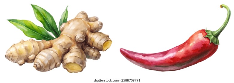 Fresh ginger root, vibrant chili pepper, watercolor style, botanical illustration, culinary ingredients, natural colors, food art.