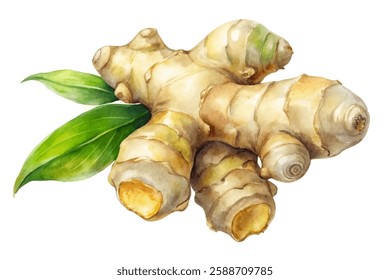 Fresh ginger root, vibrant green leaves, watercolor illustration, natural food ingredient, healthy cooking, culinary use.