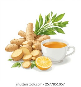 Fresh ginger roots, lemon and cup of tea isolated on a  white background. Vector illustration.