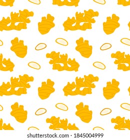 Fresh ginger roots and slices vector seamless pattern background.