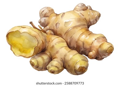 Fresh ginger roots, watercolor illustration, organic food, culinary ingredient, natural health benefits, vibrant colors.