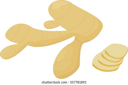 Fresh ginger and slices isolated on white