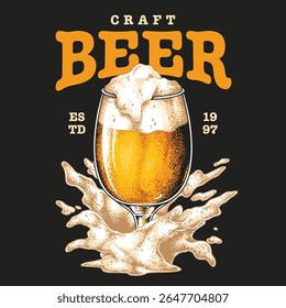 A fresh glass of craft beer is served with foam cascading over the rim. The atmosphere is vibrant with people enjoying drinks and festivities at a brewery highlighting a celebration of craft brewing.