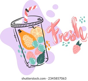 Fresh. Glass with fruit for t-shirt, clothing, cards, message and more design.