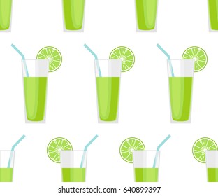 Fresh in a glass with a slice of lime and a straw. Bright summer seamless pattern. Vector illustration.