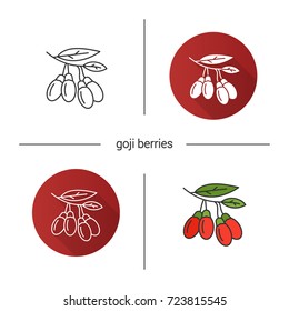 Fresh goji berries icon. Flat design, linear and color styles. Goji tree branch. Isolated vector illustrations