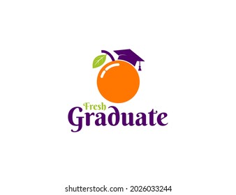 Fresh graduate logo with orange fruit illustration. School study logo with hat 