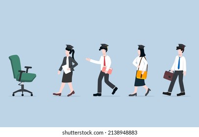 Fresh Graduate Recruitment For Vacancy, New Position, Company Staff Concept. Fierce Competition In Job Market Among New University Graduates. New Graduates Walked In Line To Vacant Chair. 