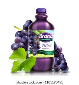 Fresh grape bottled juice with fruit and leaves in 3d illustration on white background