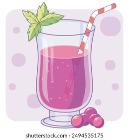 fresh grape juice with grape leaf garnish and straw. vector flat illustration cartoon food and drink isolation