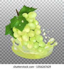 Fresh Grape and juice splash. Fruit 3d realistic vector illustration on transparent background.