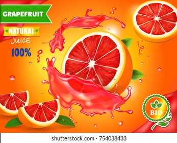 Fresh grapefruit juice ad. Refreshing citrus drink advertising vector illustration